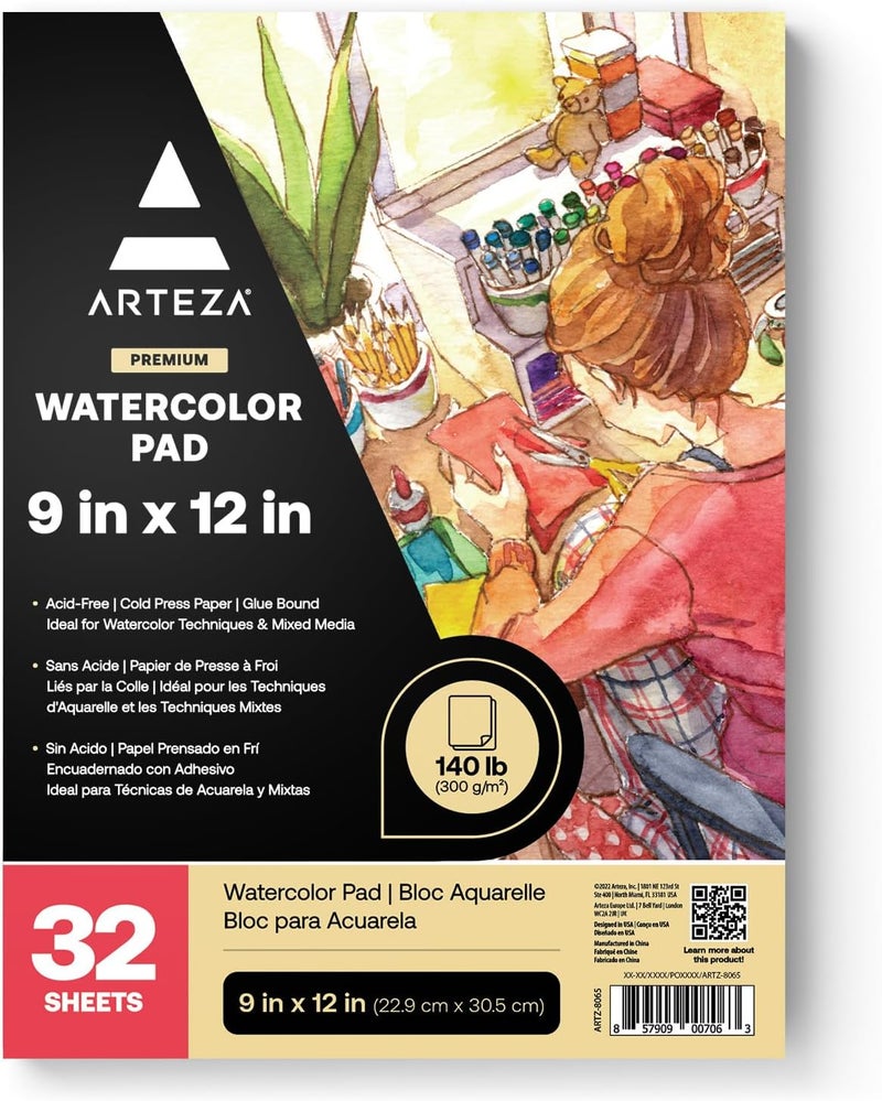 ARTEZA ورق مائي، 32 ورقة، 9x12 بوصة، ورق مائي، 140 رطل/300 جرام، ضغط بارد، ورق فني خالي من الحمض - Image 1